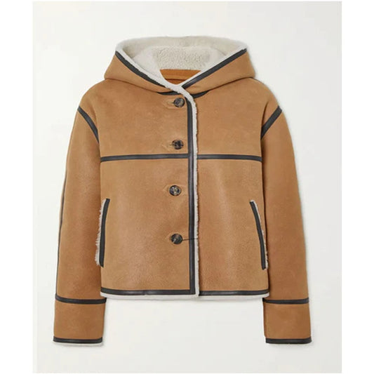 Women RAF B3 Hooded Leather-trimmed Sheepskin Shearling Bomber Leather Jacket