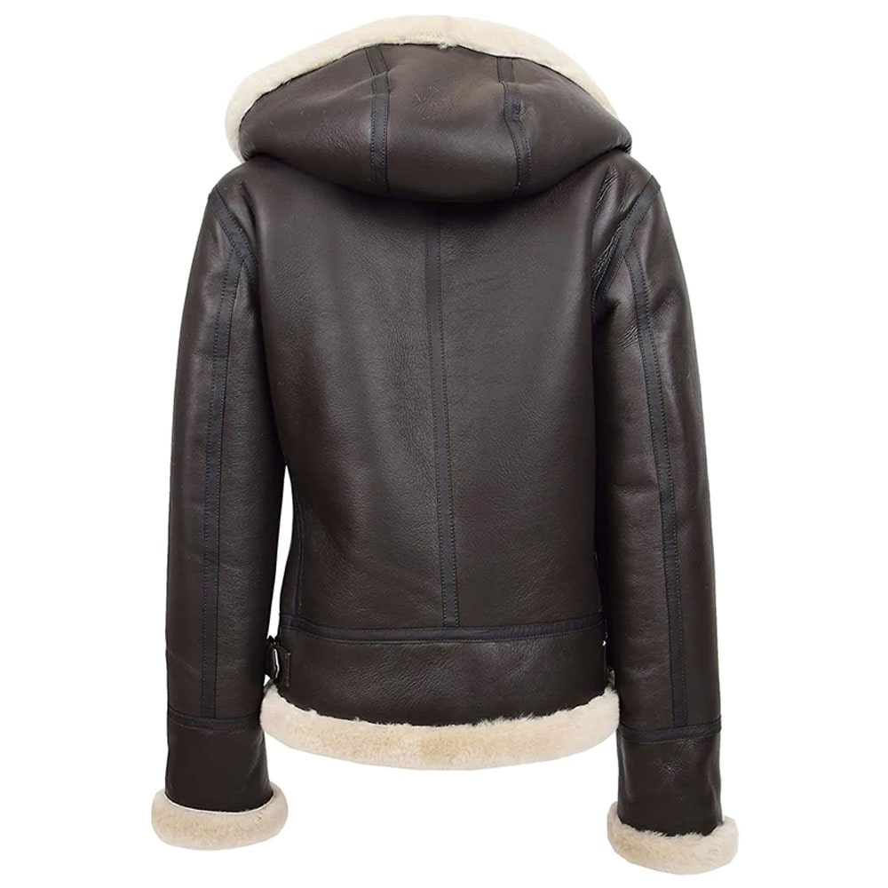 Women Real Sheepskin Flying Jacket Brown Hooded Shearling B3 Pilot Aviator Coat