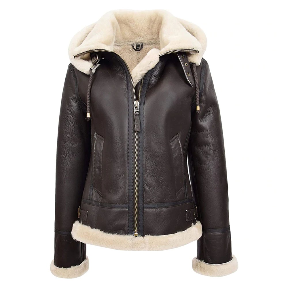 Women Real Sheepskin Flying Jacket Brown Hooded Shearling B3 Pilot Aviator Coat