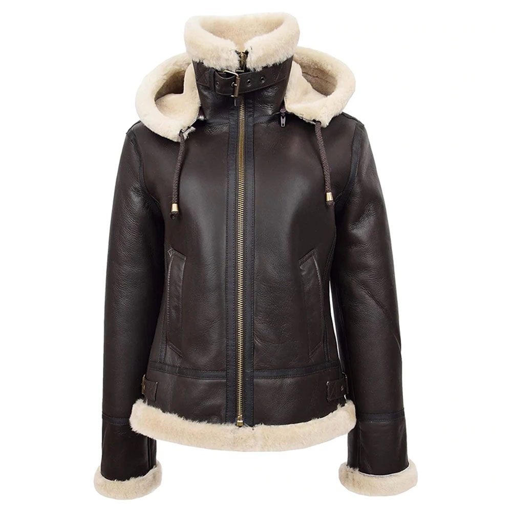 Women Real Sheepskin Flying Jacket Brown Hooded Shearling B3 Pilot Aviator Coat