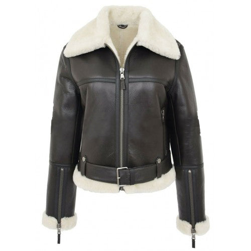 Women Sheepskin Aviator Flying Belted B3 Black Jacket