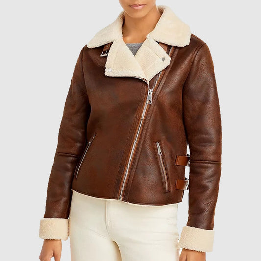 Women Brown Aviator Shearling jacket