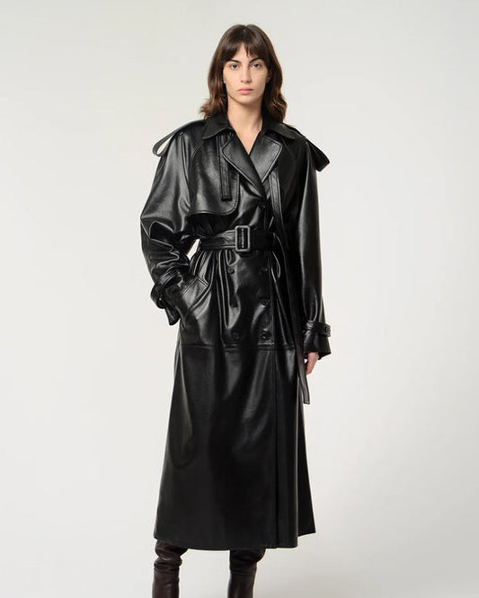 Buy Best Classic Looking Fashion Women Black Leather Trench Coat