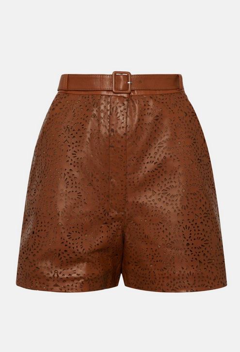 Women's Brown Light Pattern High Waist Leather Shorts