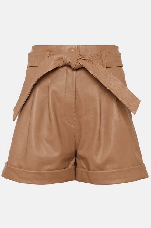 Women's High Waist Brown Leather Belted Shorts