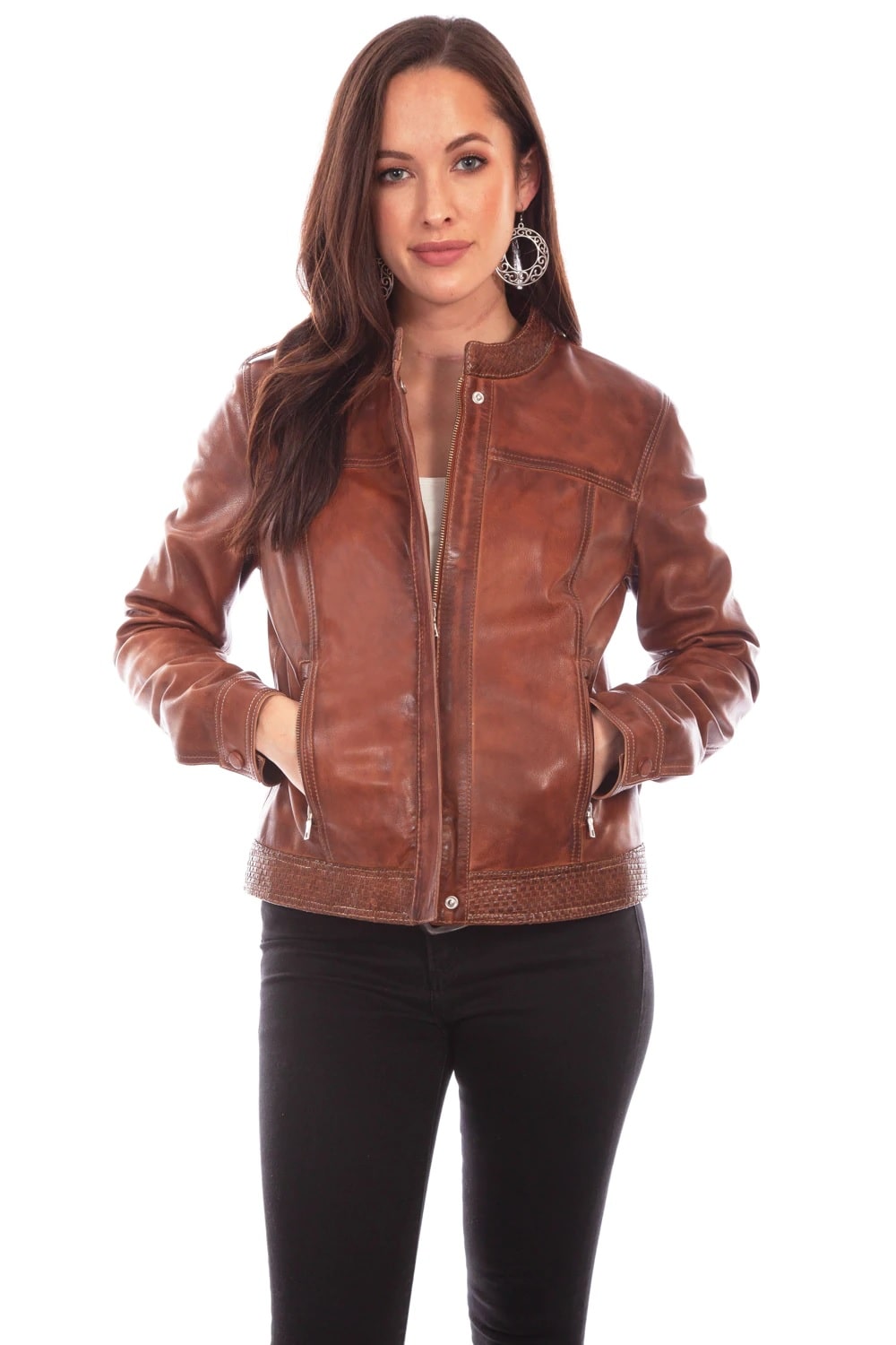 Womens Antique Brown Lamb Leather Cafe Racer Jacket