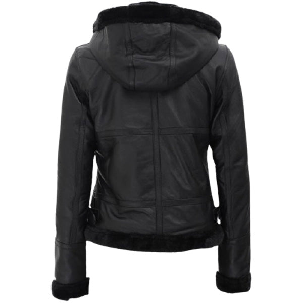 Womens Black Fur Hooded Leather Jacket