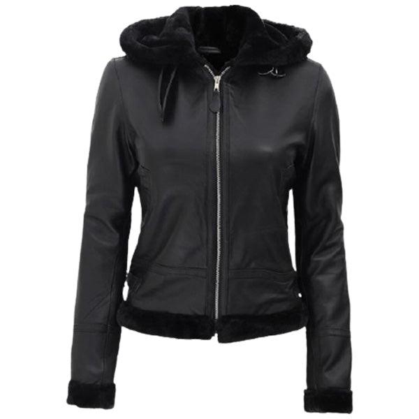 Womens Black Fur Hooded Leather Jacket