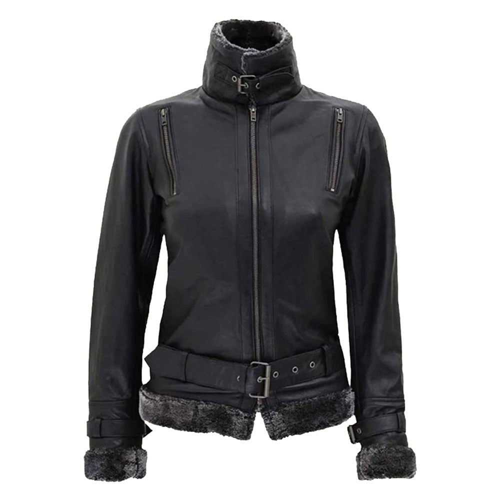 Women’s Black Leather Shearling Jacket With Belted Closure