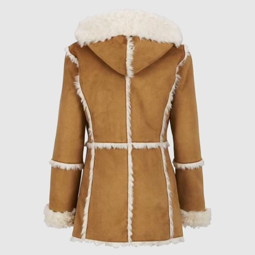 Women Brown Fur Suede Overcoat With Hood, Shearling Sheepskin Jacket