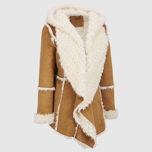 Women Brown Fur Suede Overcoat With Hood, Shearling Sheepskin Jacket