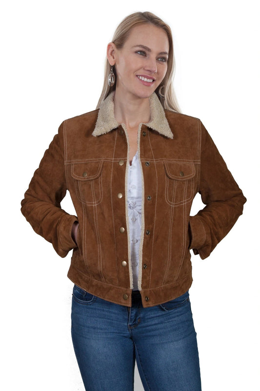 Womens Cinnamon Suede Faux Fur Jean Jacket