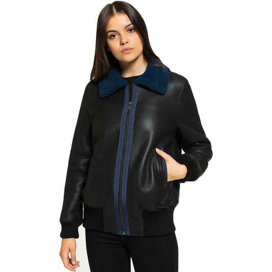 Women College Shearling Jacket Black Fur Coat