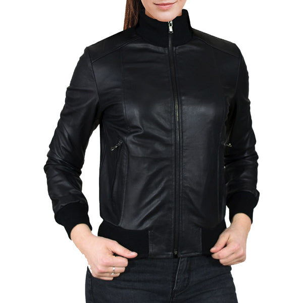 Womens Glossy Black Leather Lavish Bomber Jacket