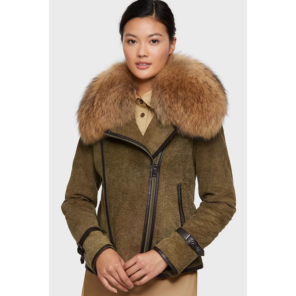 Womens Lambskin Fur Trim Suede Leather Jacket