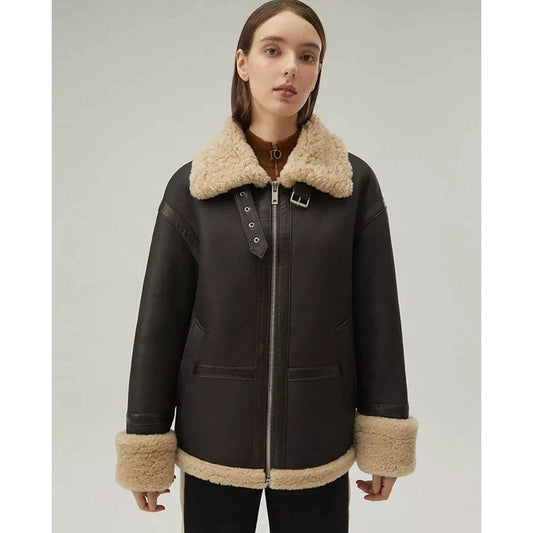 Women’s Matte Black Leather Shearling Big Collar Fur Coat