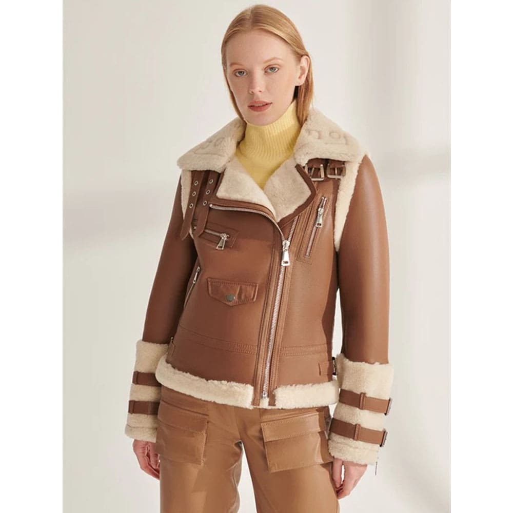 Women’s Sports Brown Shearling Leather Jacket