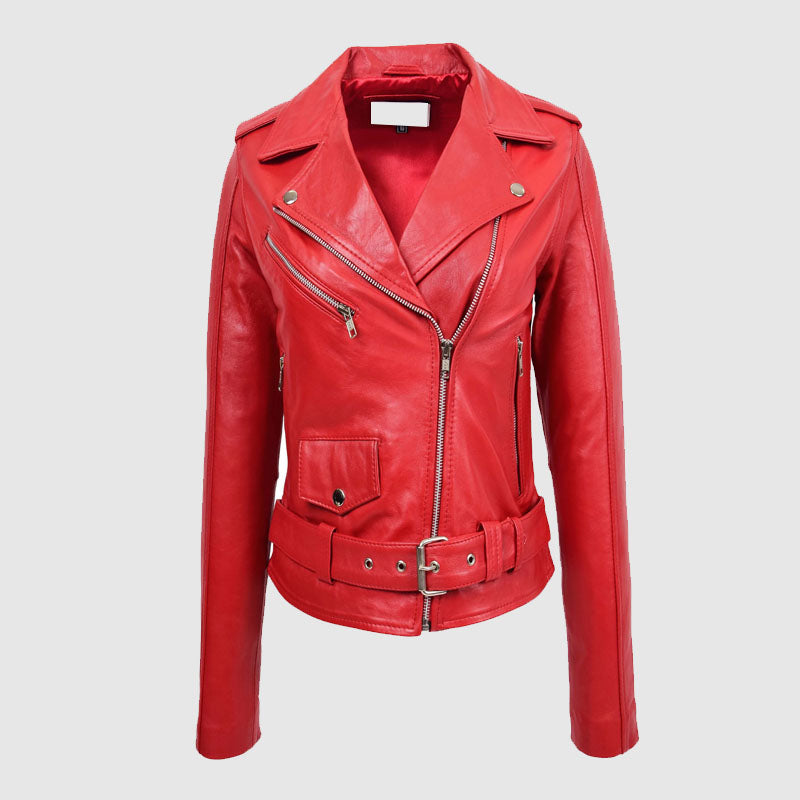 Premium Quality Womens Real Leather Biker Brando Style Jacket Mia Red