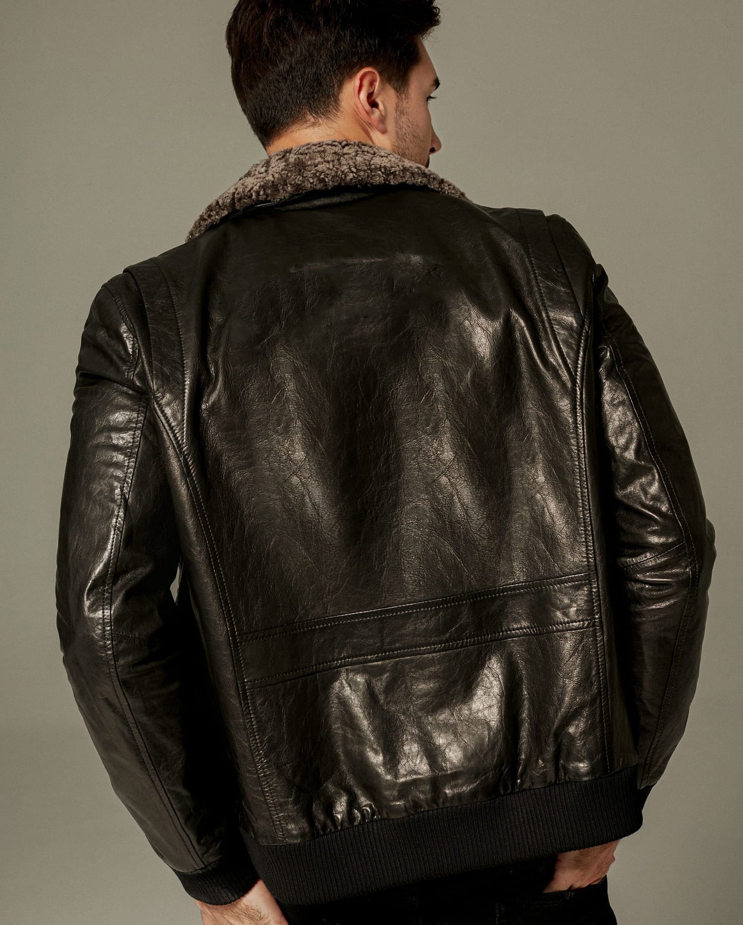 Black Fur Collar Bomber Moto Leather Jacket