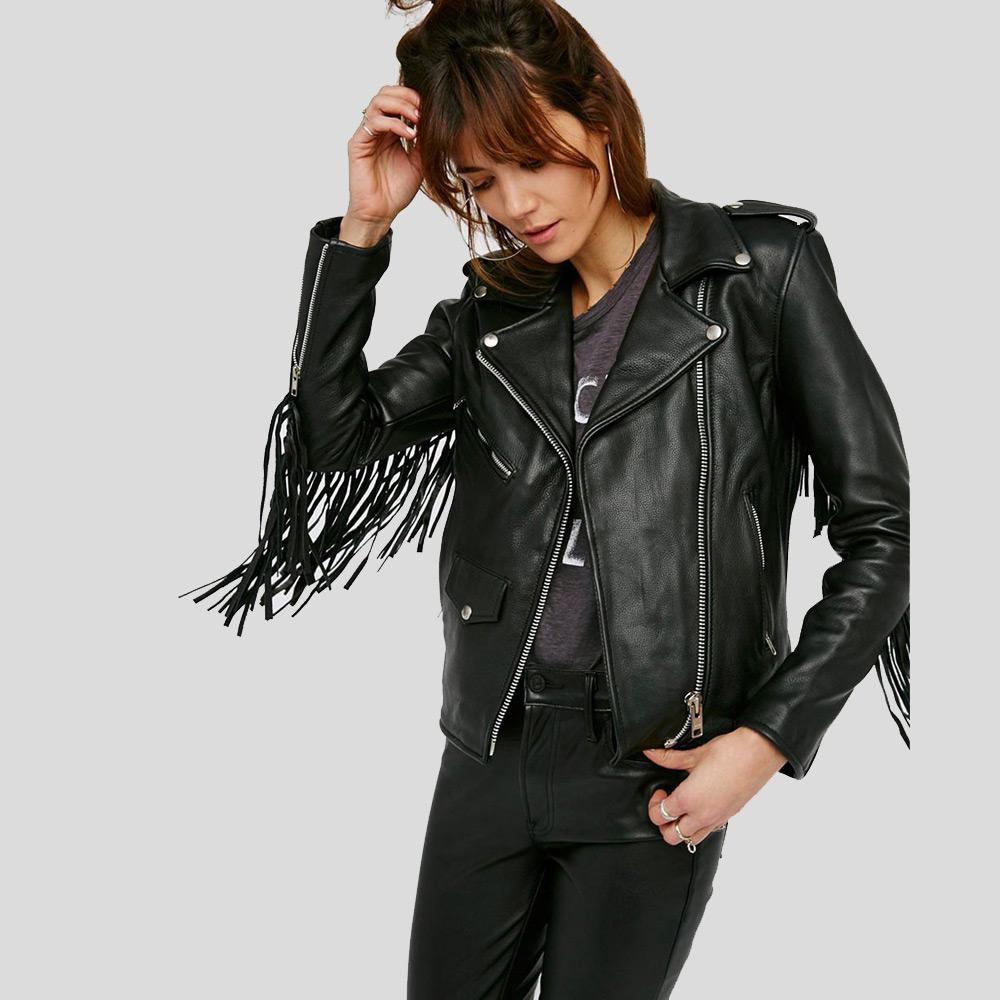 Buy Best Looking Genuine High Sale Sloane Black Biker Leather Jacket Tassels