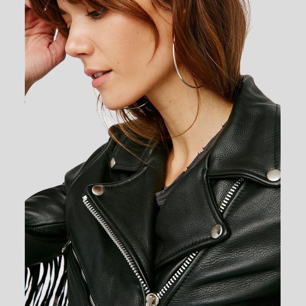 Buy Best Looking Genuine High Sale Sloane Black Biker Leather Jacket Tassels