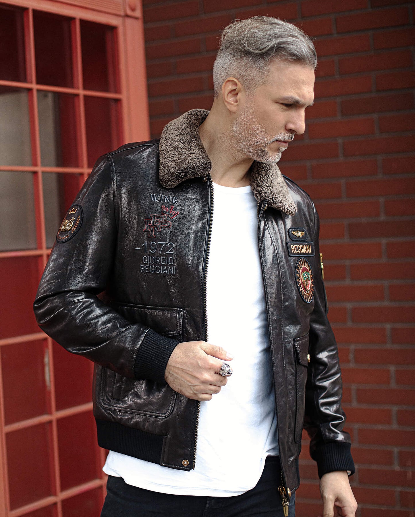 Black Embroidery Patched Fur Collar Goatskin Bomber Jacket