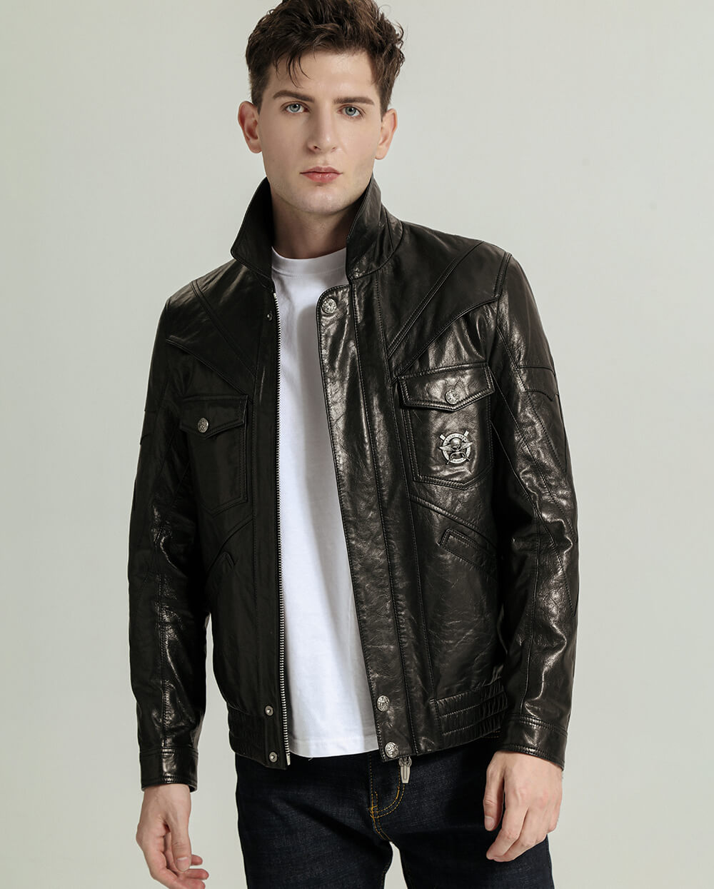 Black Vegetable Tanned Leather Bomber Jacket