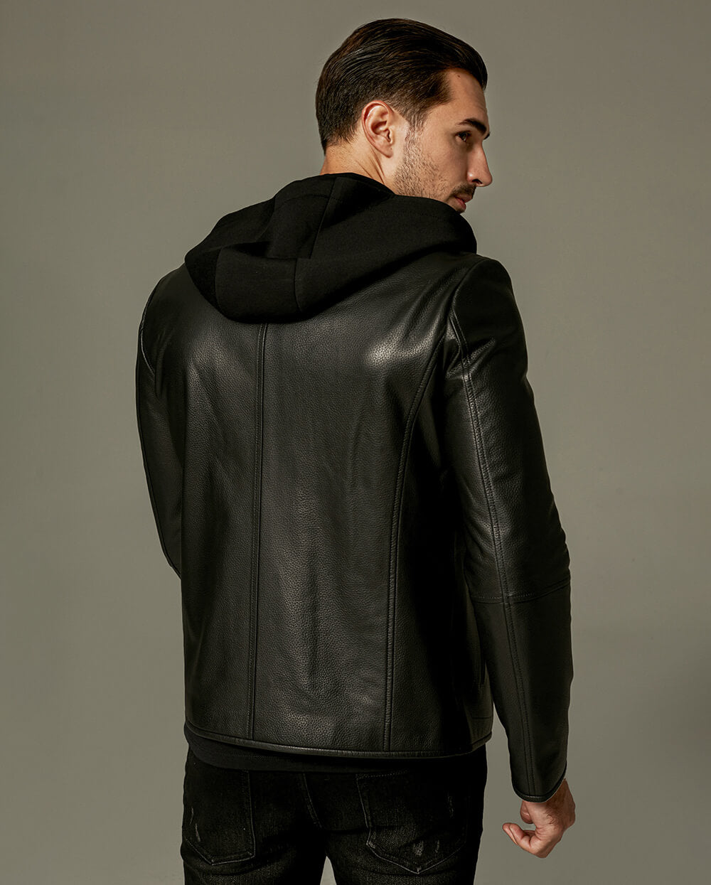 Black Casual Hooded Goatskin Leather Jacket