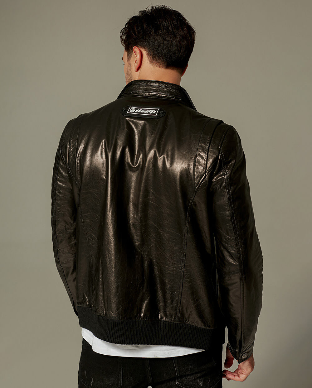 Black Casual Pattern Patched Goatskin Leather Jacket