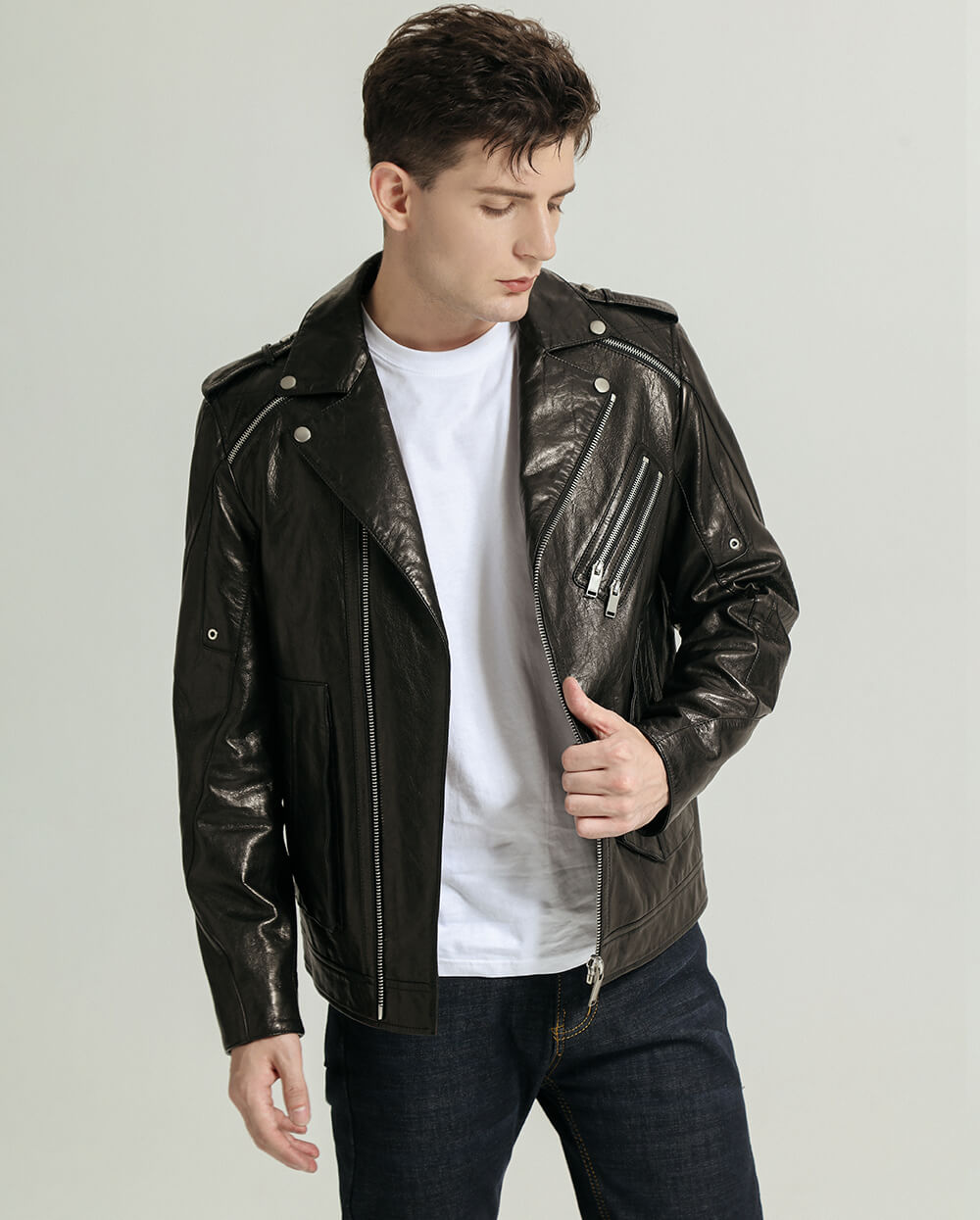 Classic Casual Black Genuine Leather Biker Jacket