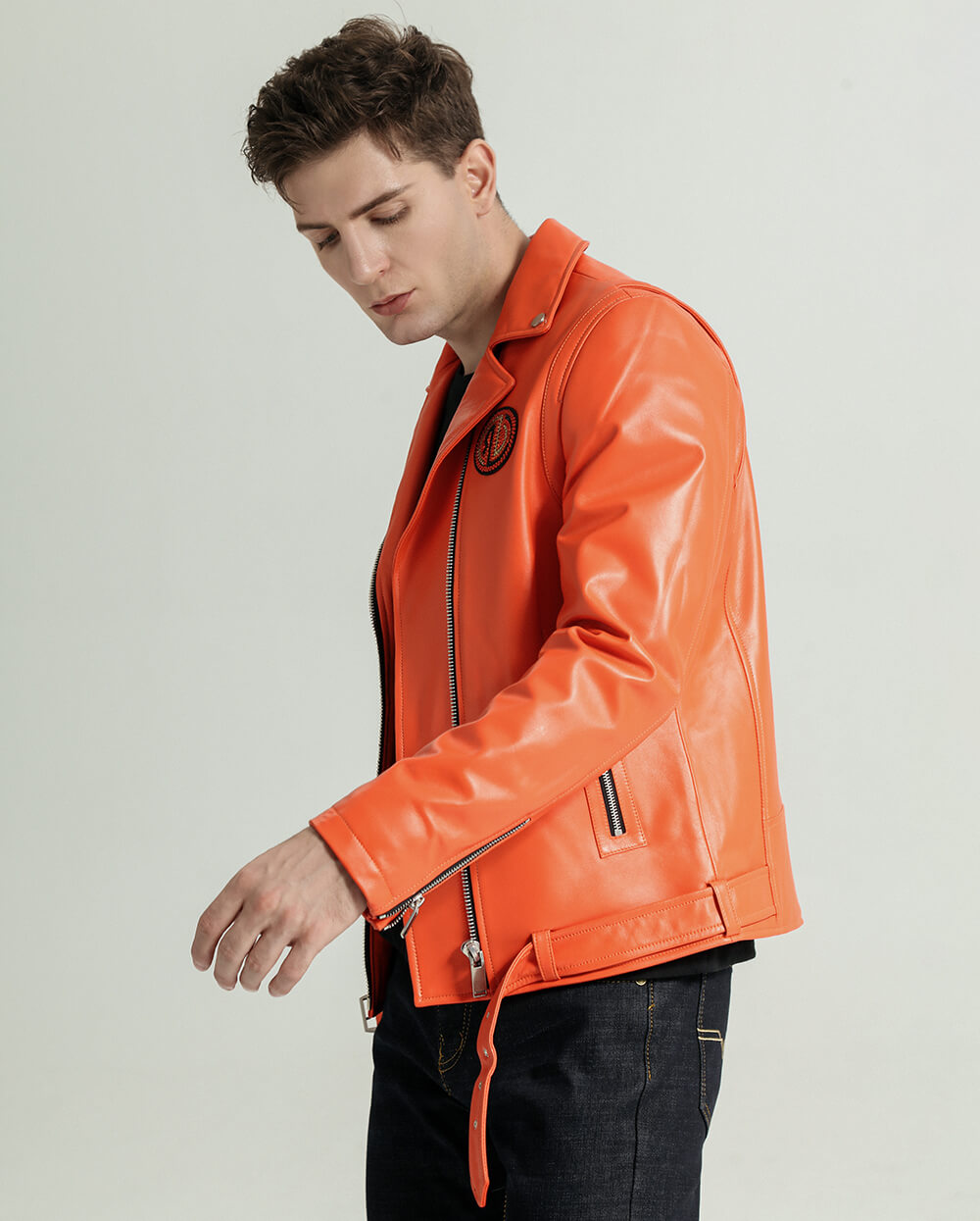 Zippered Sheepskin Moto Leather Jacket with Belt Orange