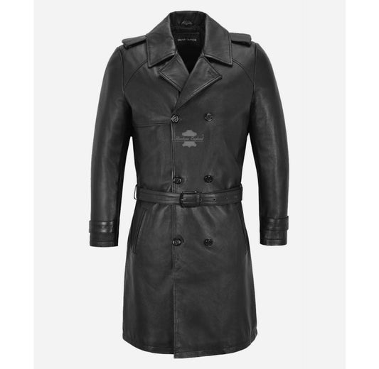 PEYTON LEATHER TRENCH COAT CLASSIC KNEE LENGTH LONG LEATHER JACKET