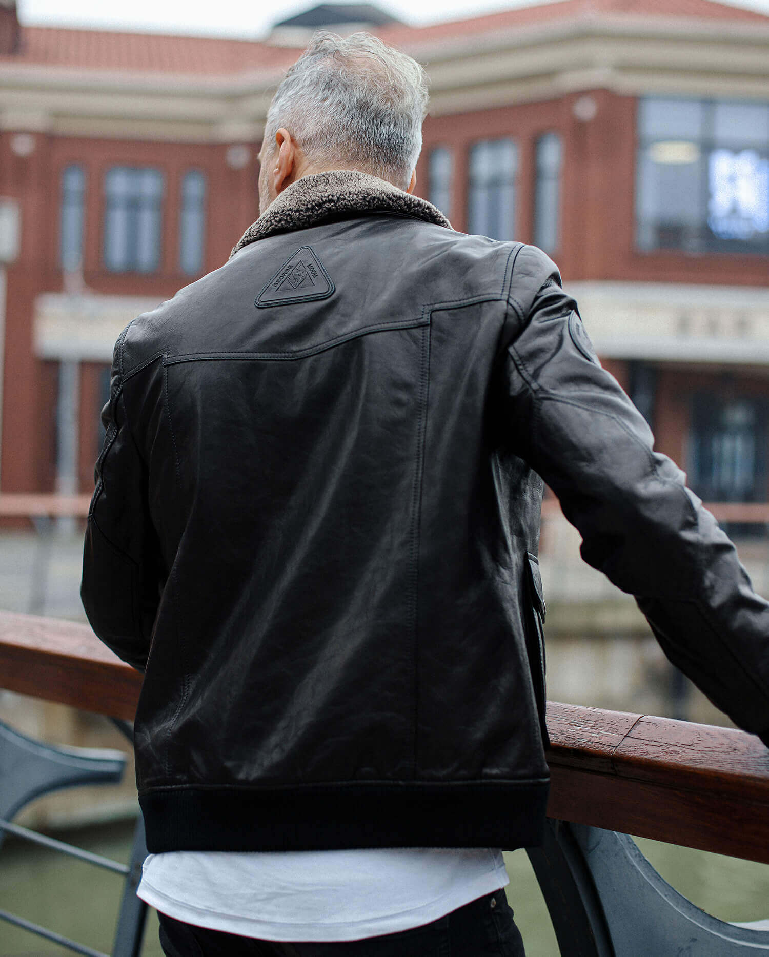 Black Fur Collar Embossed Leather Jacket