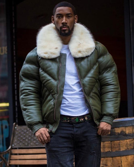 Limited edition Trendy Fashion MEN V BOMBER JACKET - MONEY GREEN (OFF WHITE FUR)