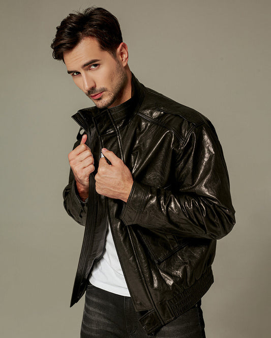 Black Bi-Swing Appliqued Goatskin Leather Jacket