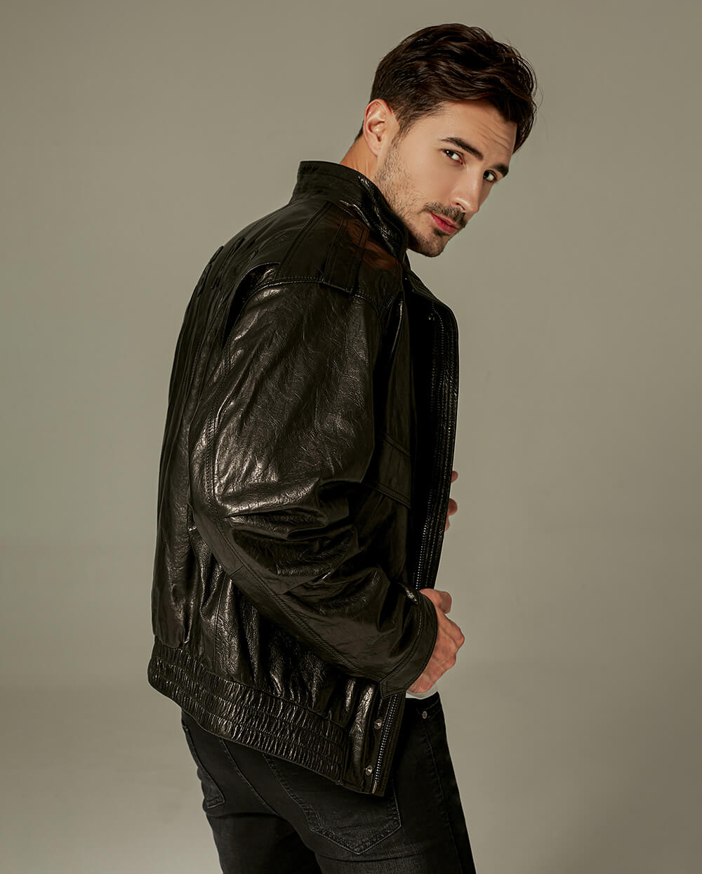 Black Bi-Swing Appliqued Goatskin Leather Jacket