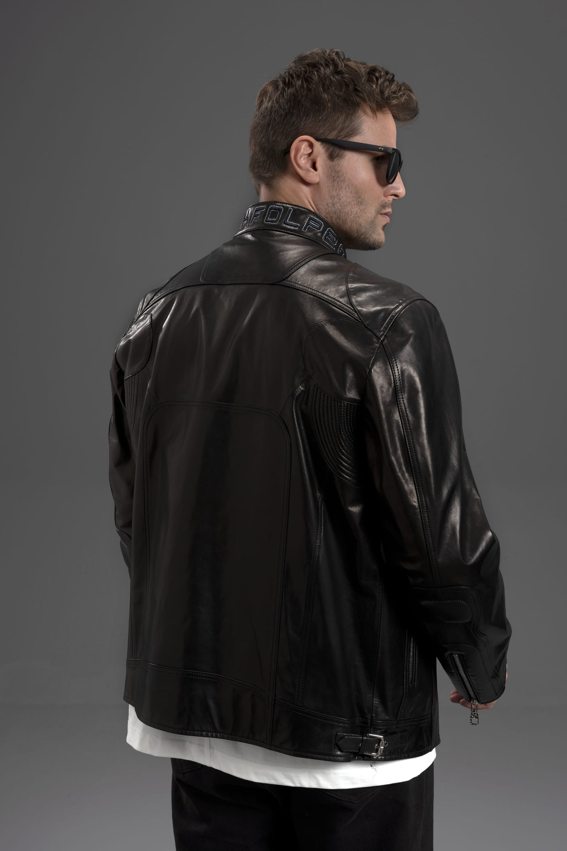 Black Embroidered Racer Leather Jacket