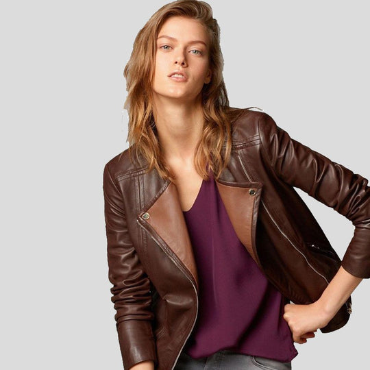 Buy Best price  Olivia Brown Motorcycle Leather Jacket