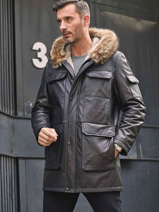 Mink Coat Long Winter Overcoat Black Leather Parkas Fur Outwear