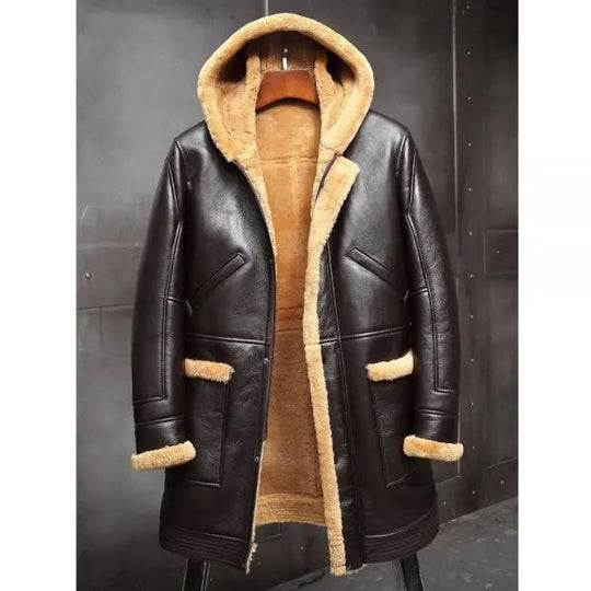 Buy Best price Mens RAF Hooded Shearling Fur Sheepskin Leather Long Jacket Winter Coats