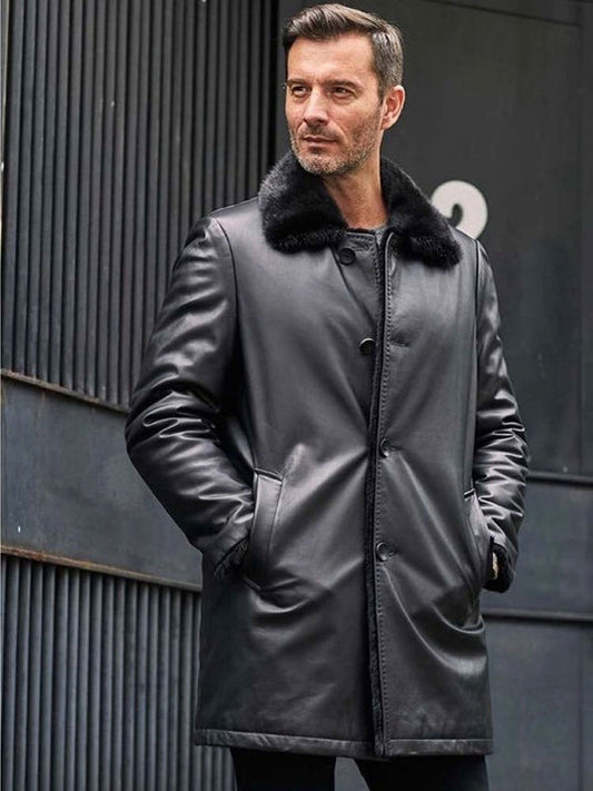 Mink Fur Coat Long Fur Outwear Black Leather Overcoat