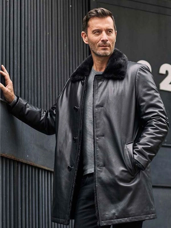 Mink Fur Coat Long Fur Outwear Black Leather Overcoat