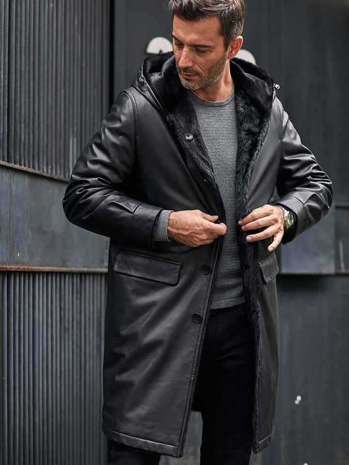 Mink Overcoat Long Fur Parkas Black Leather Jacket