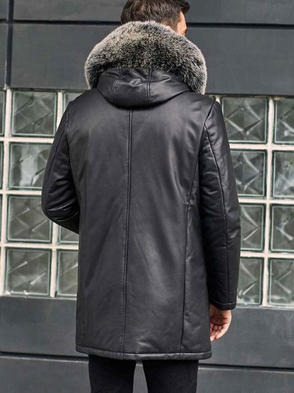 Leather Down Jacket With Fox Fur Collar Hooded Winter Overcoat Long Warm Outwear