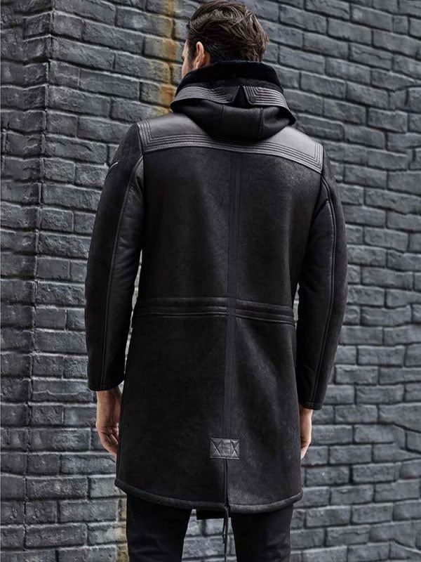 Men's Winter Shearling Fur Black Leather Long Trench Coat Outerwear