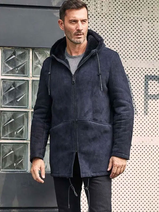 Leather Jacket Warm Wool Overcoat Long Winter Outwear Hooded Sheepskin Parkas