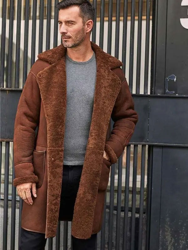 Buy Best  Winter Brown Fur Leather Long Trench Overcoat Outwear