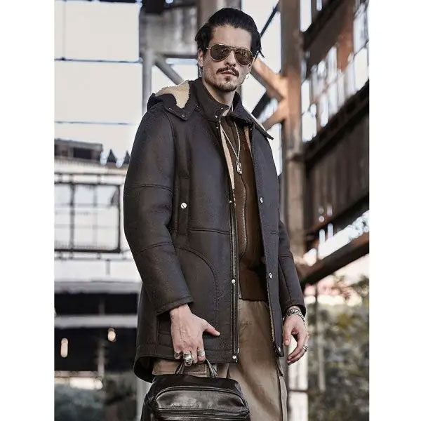 Men's Hooded Shearling Leather Long Trench Coat