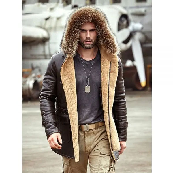Mens B3 Leather Bomber Shearling Trench Coat