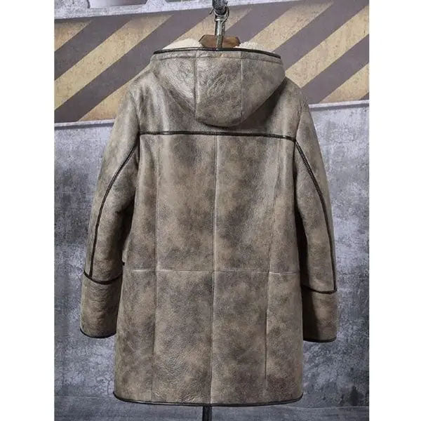 Mens Bomber Shearling Fur Hooded Winter Long Leather Jacket Trench Coat